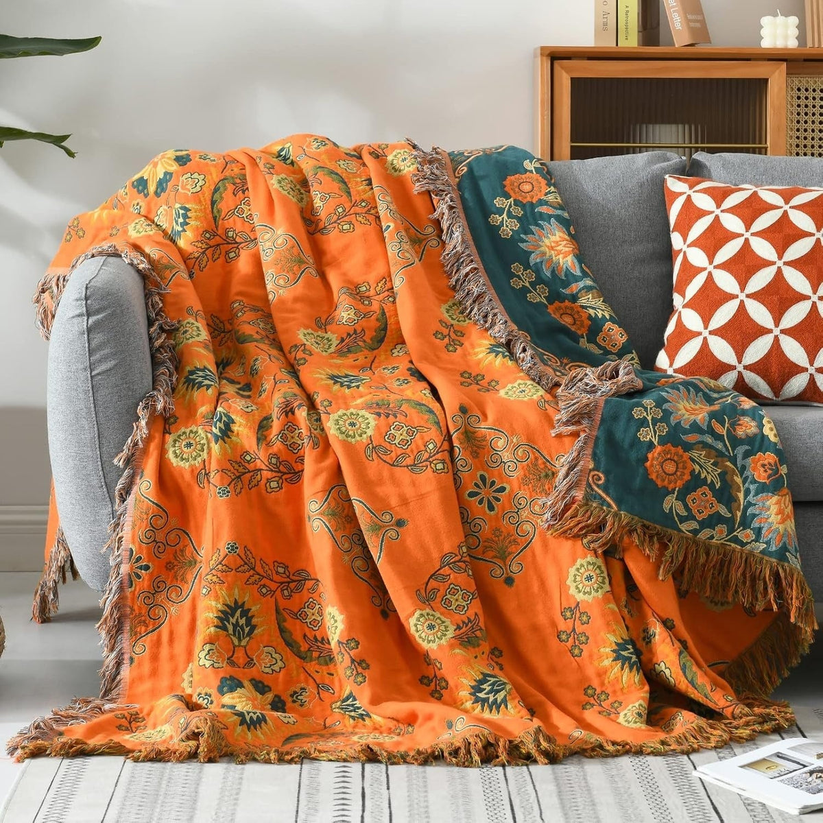 Cotton Gauze Throw Blanket Reversible Vintage Floral