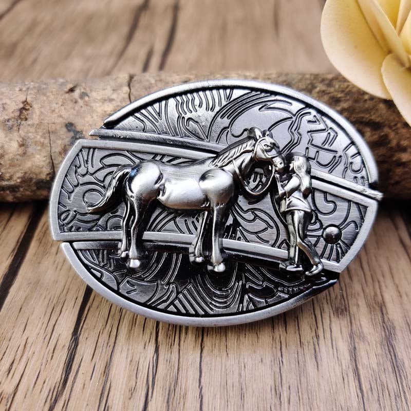 Western Belt Buckle Oval Metal Cowboy Engraved Design for Mens Belts