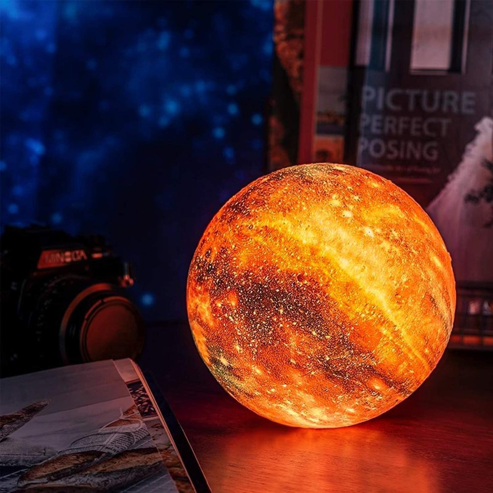 Moon Lamp 3D Printed 16 Color Touch Rechargeable Night Light with Wood Stand