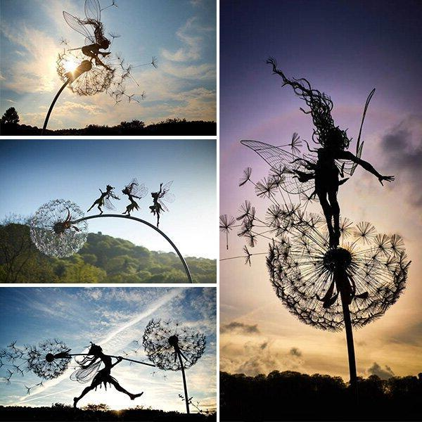 Fairy Garden Stakes Metal Dandelion Sculptures for Yard Decor
