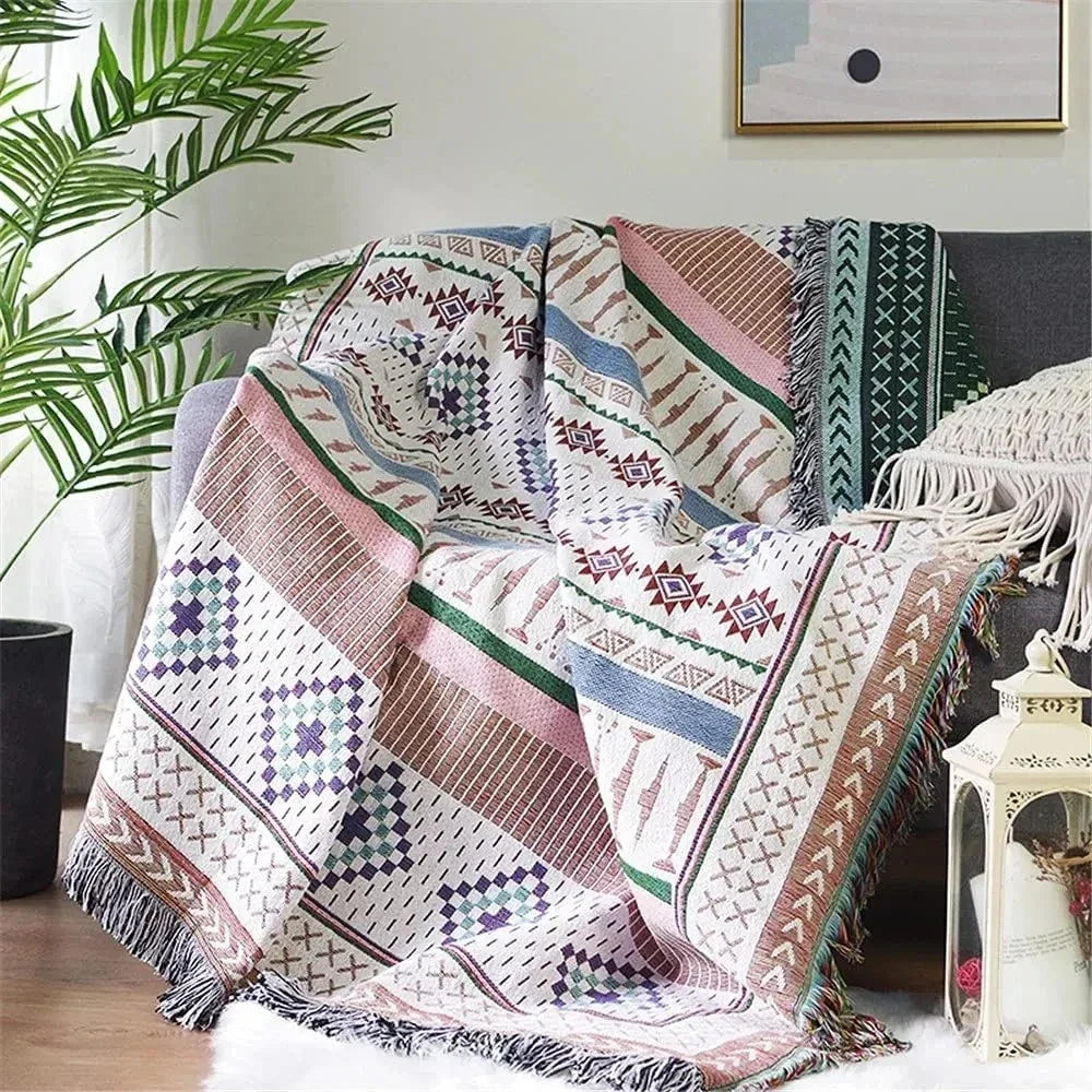 Boho Woven Throw Blanket with Braided Fringe for Couch