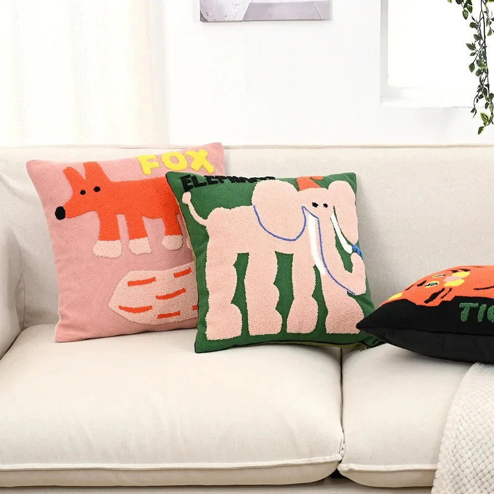 Embroidered Animal Throw Pillow Cover for Kids Room