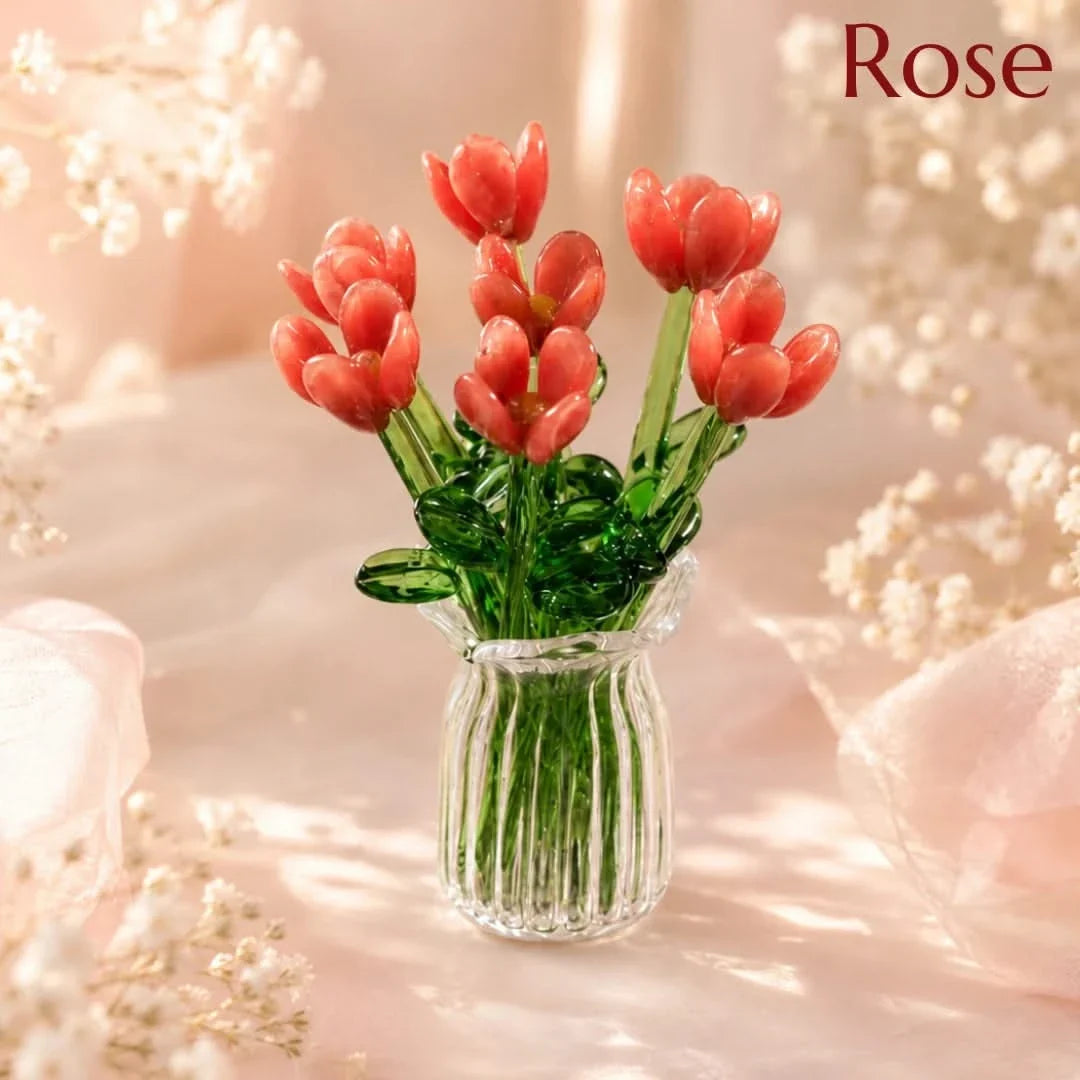 Glass Flower Bouquet with Mini Vase Handmade Set of 7