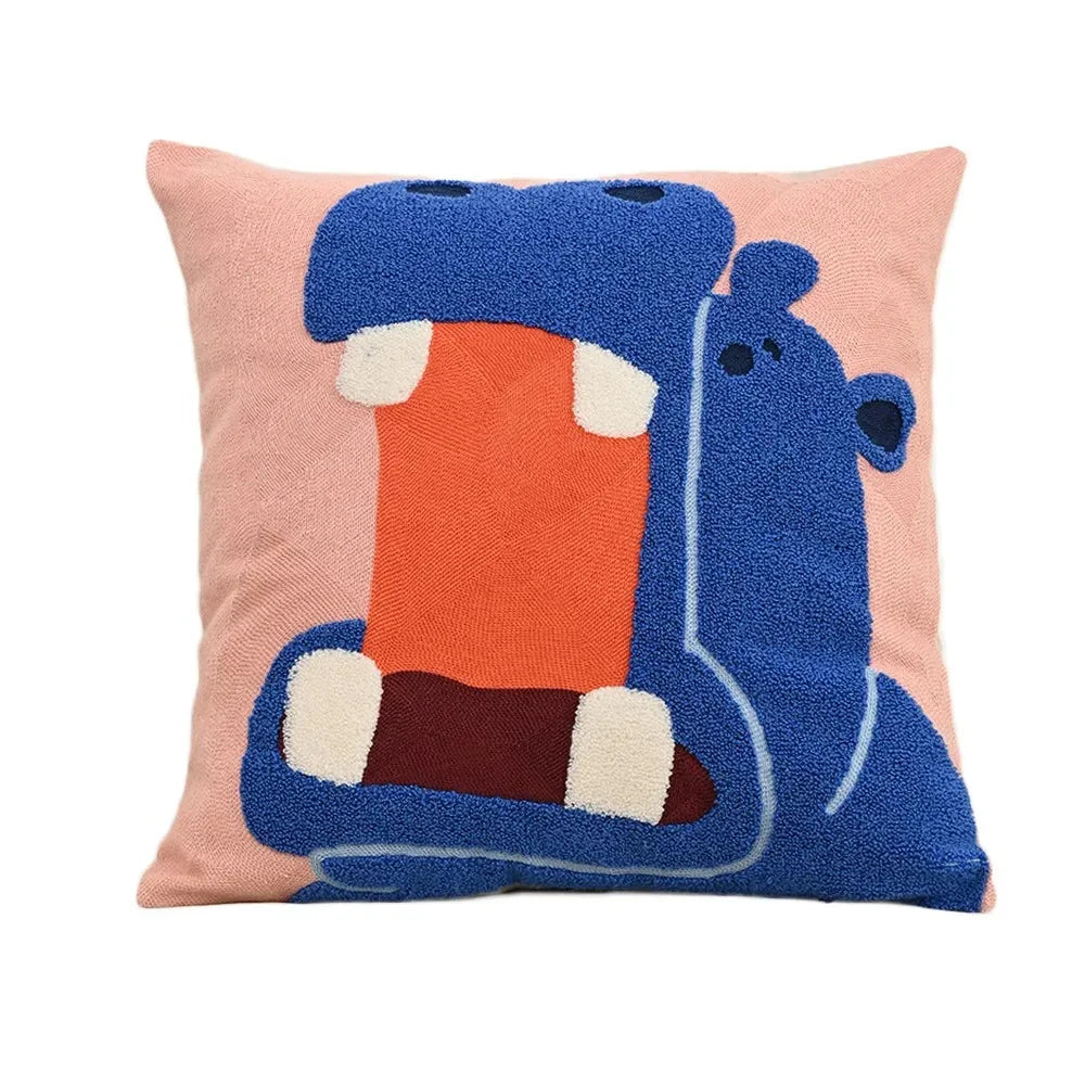 Embroidered Animal Throw Pillow Cover for Kids Room