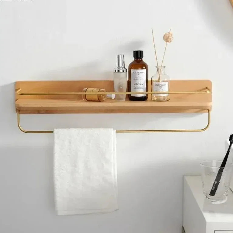 Bamboo Bathroom Shelf Wall Mounted with Metal Guard Rail