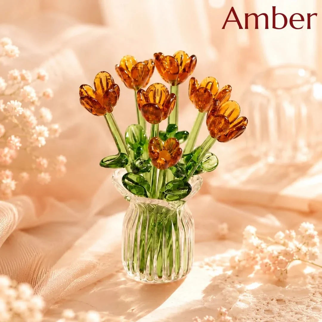 Glass Flower Bouquet with Mini Vase Handmade Set of 7