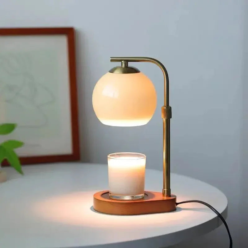 Candle Warmer Lamp with Globe Glass Shade and Wood Base