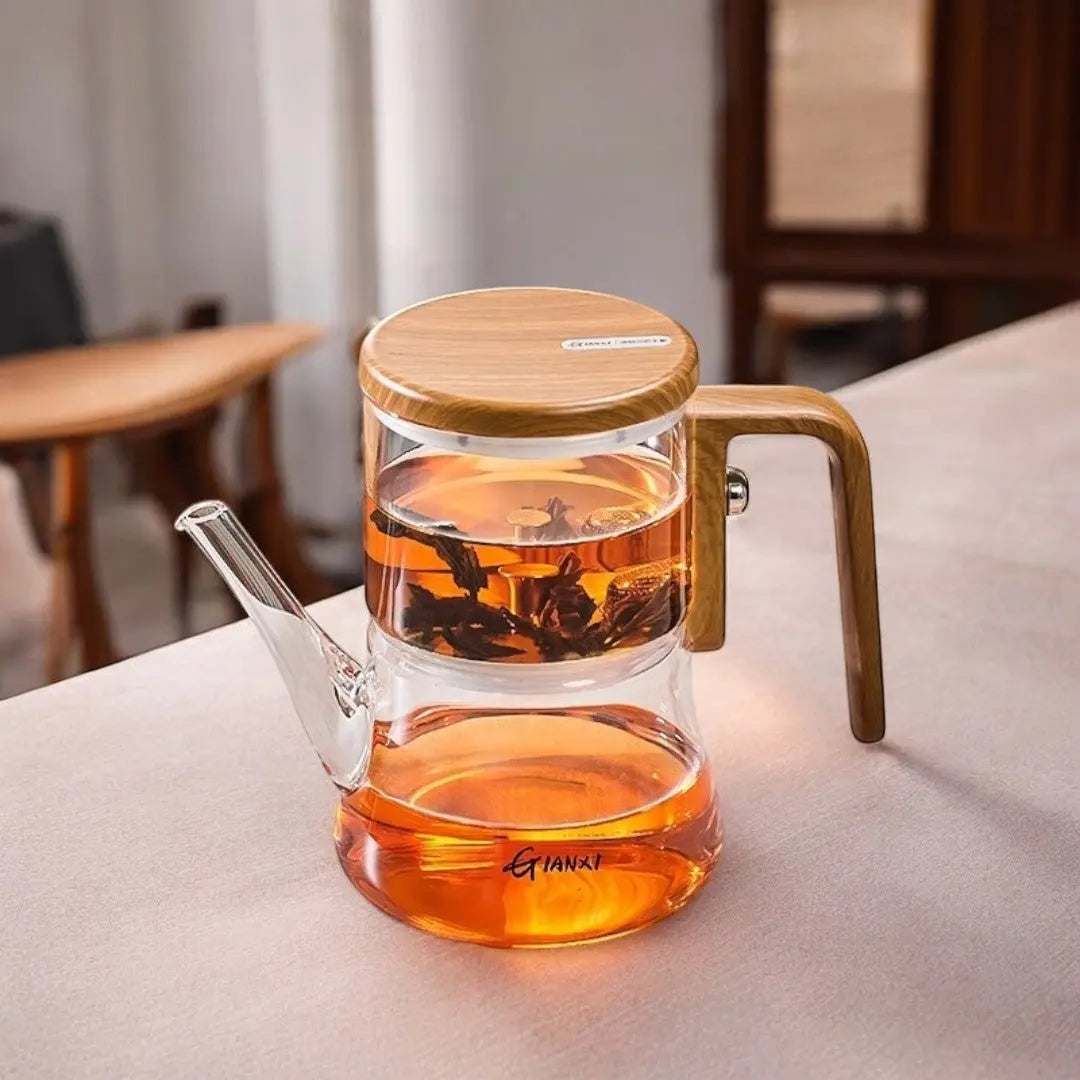 Two-Chamber Magnetic Glass Teapot with Wood Handle