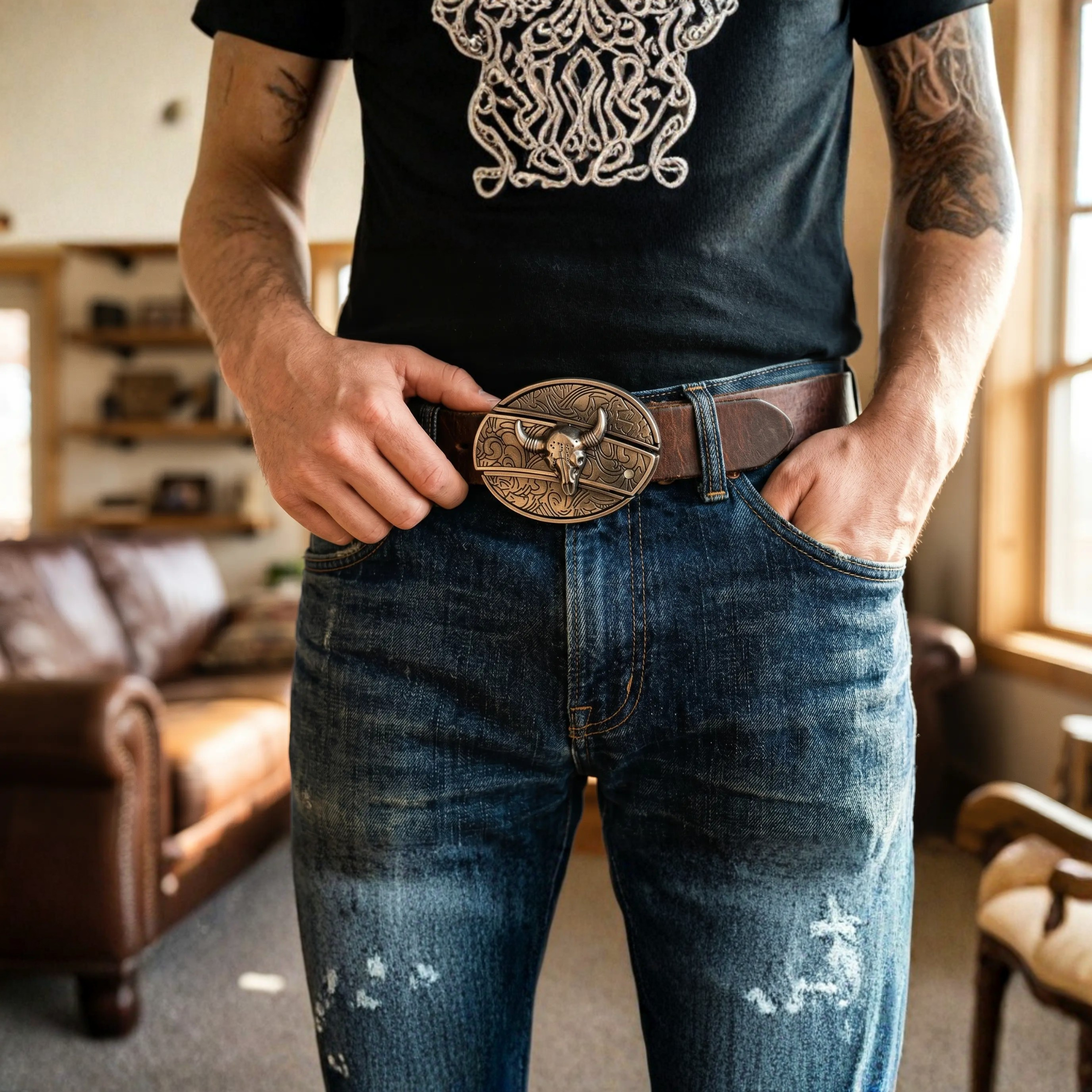 Western Belt Buckle Oval Metal Cowboy Engraved Design for Mens Belts
