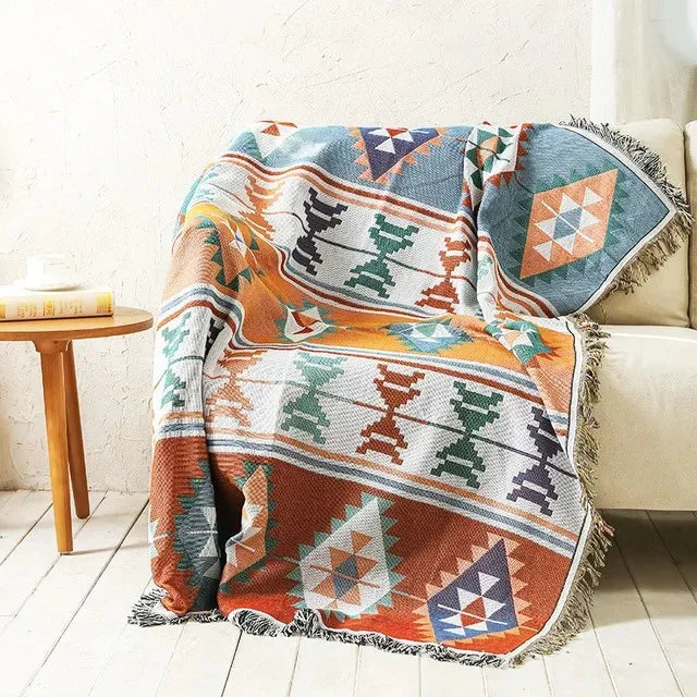 Boho Woven Throw Blanket with Braided Fringe for Couch