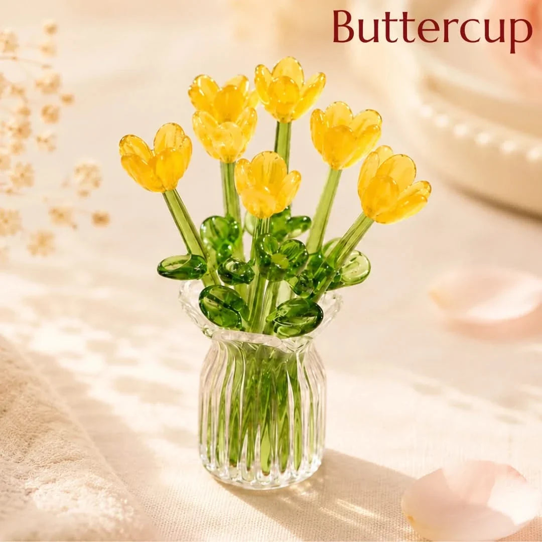 Glass Flower Bouquet with Mini Vase Handmade Set of 7