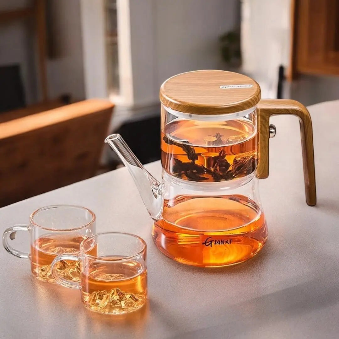 Two-Chamber Magnetic Glass Teapot with Wood Handle