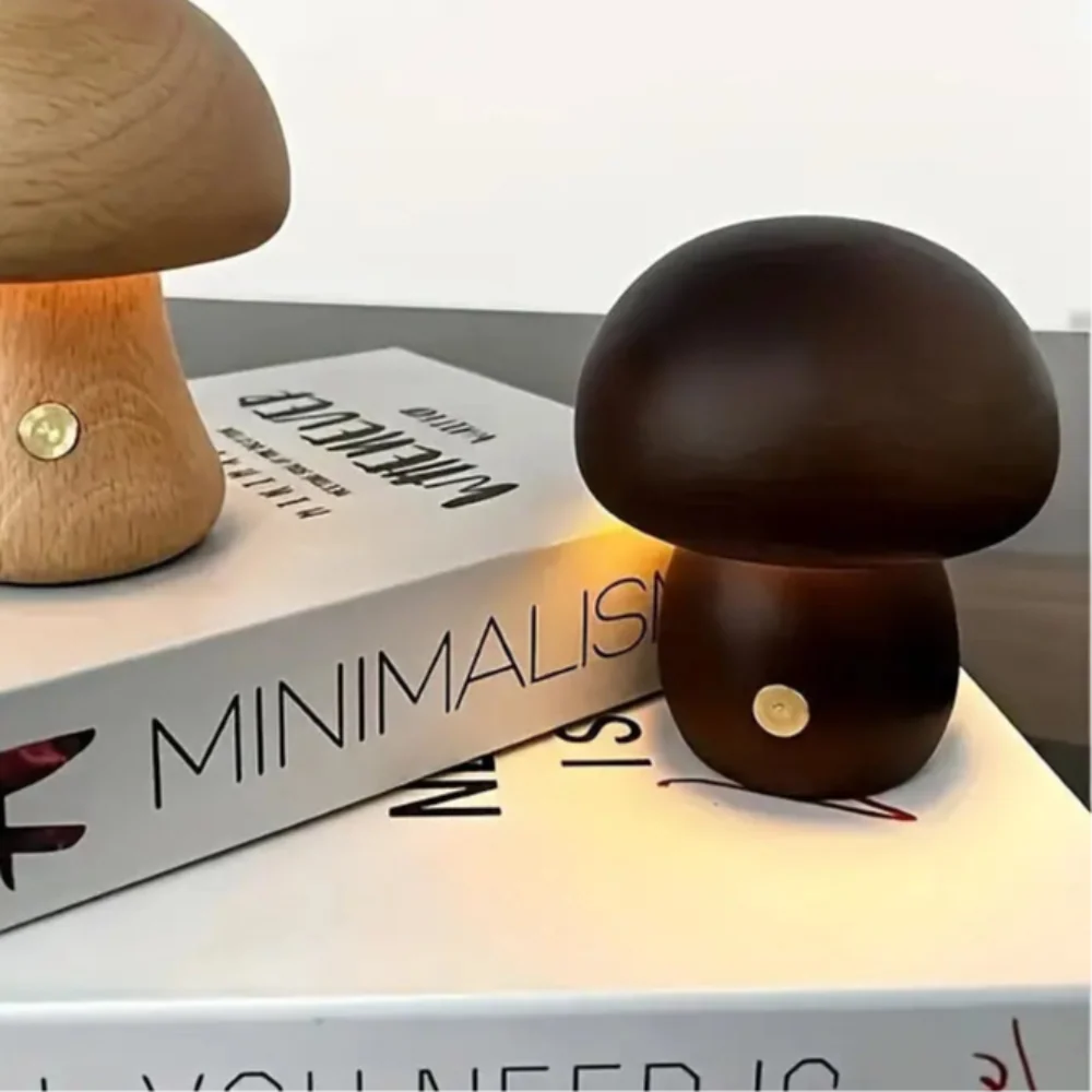 Wooden Mushroom Lamp Bedside Night Light Warm Glow for Nightstand and Shelf