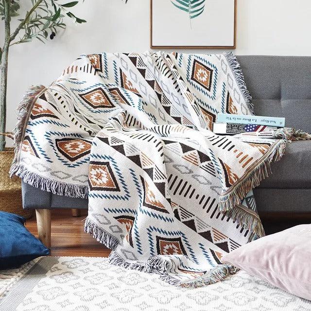 Boho Woven Throw Blanket with Braided Fringe for Couch