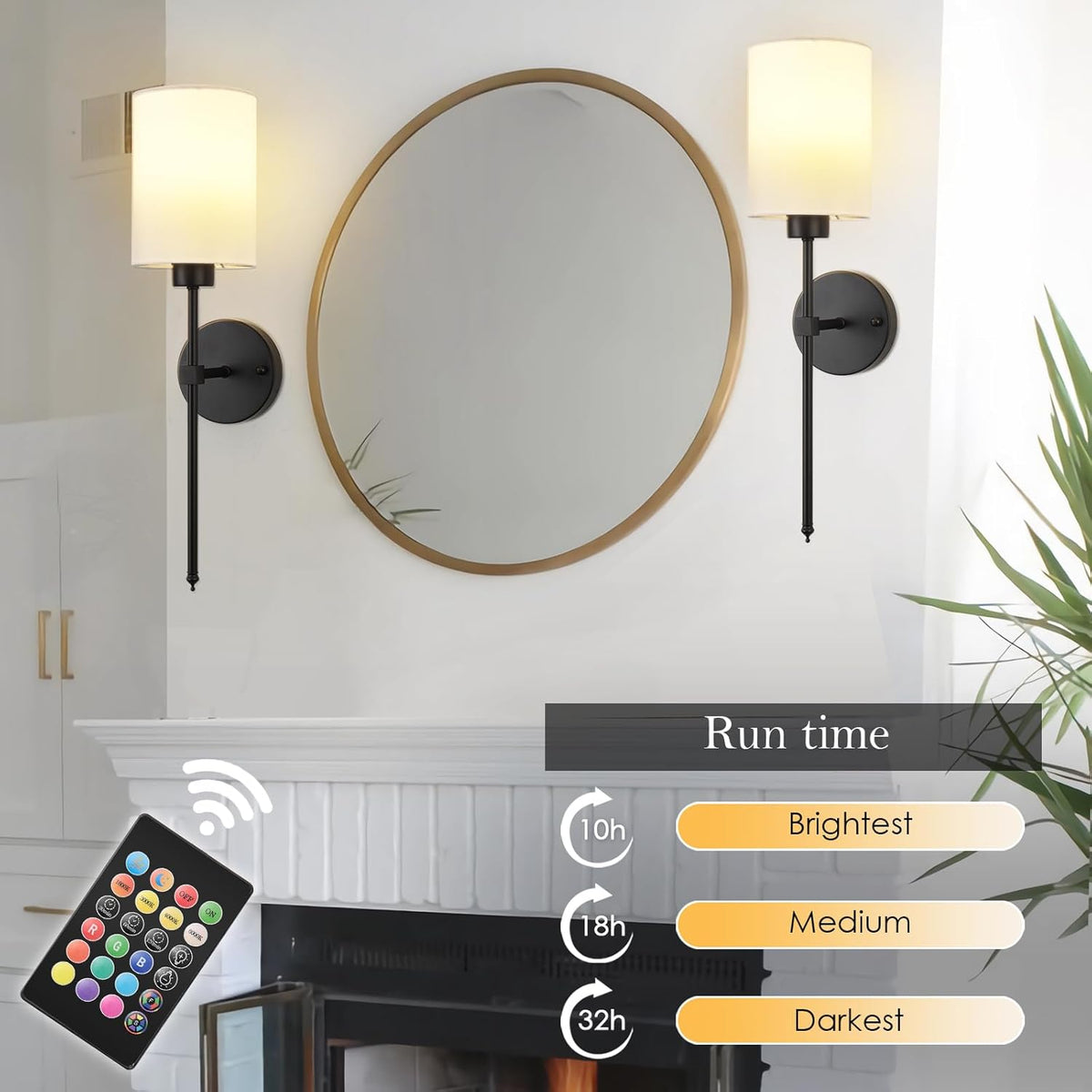 Battery Operated Wall Sconces Set of 2 Rechargeable Dimmable with Remote