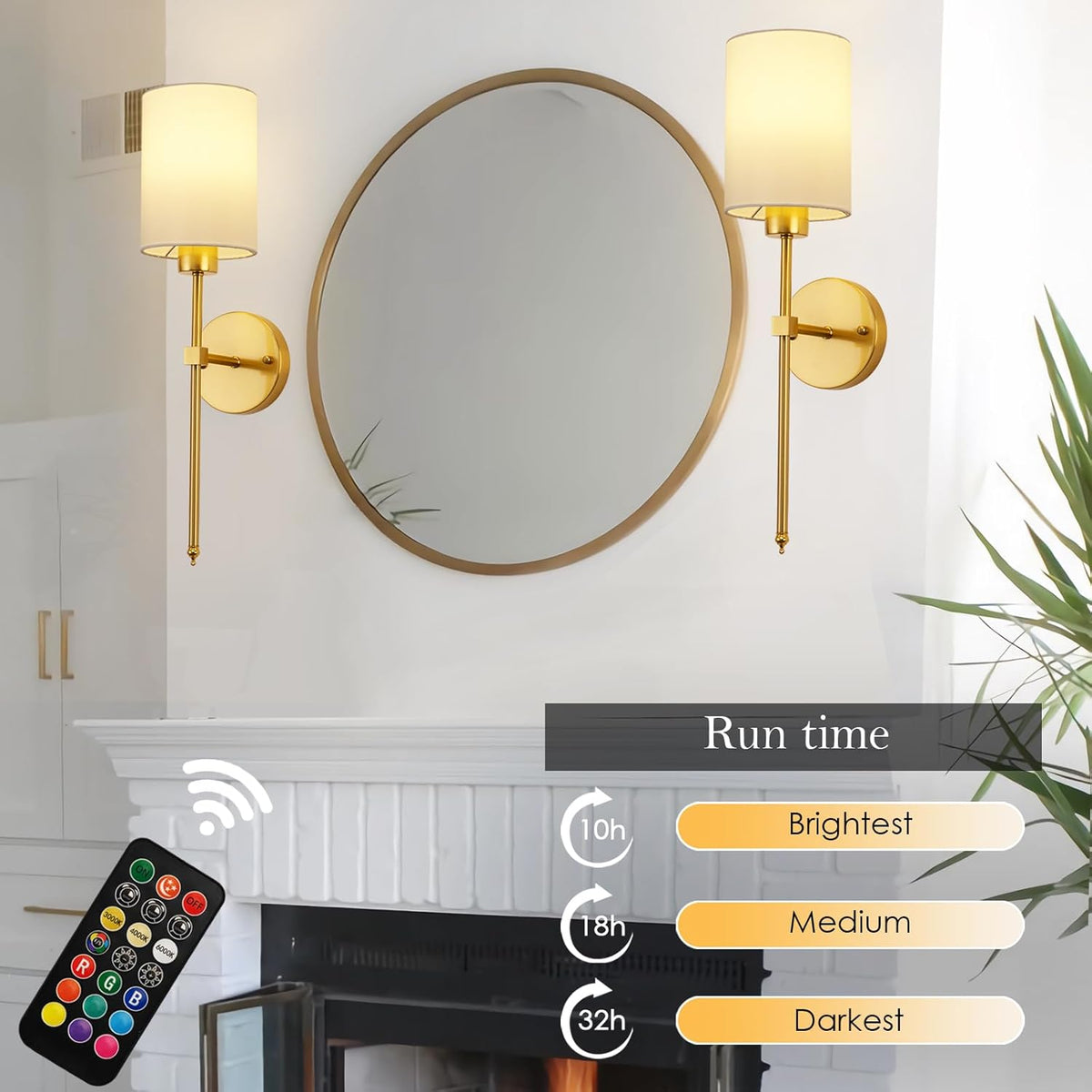 Battery Operated Wall Sconces Set of 2 Rechargeable Dimmable with Remote