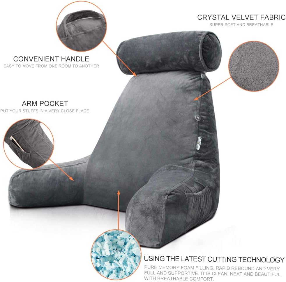 Reading Pillow with Arms Backrest for Bed with Side Pocket