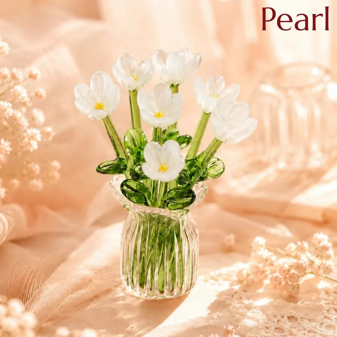 Glass Flower Bouquet with Mini Vase Handmade Set of 7