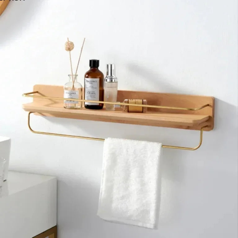 Bamboo Bathroom Shelf Wall Mounted with Metal Guard Rail