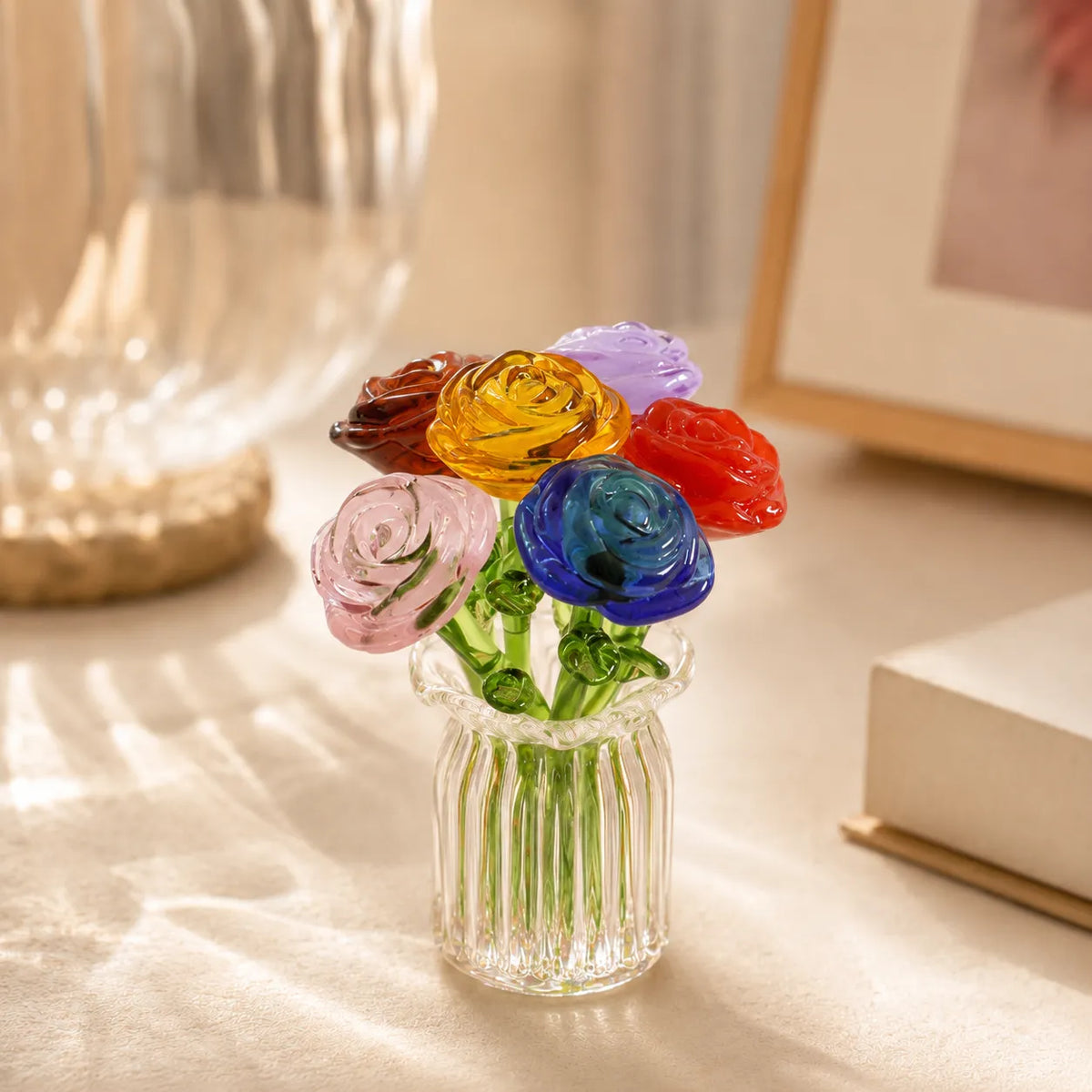 Hand-Blown Glass Flower Bouquet with Fluted Mini Vase