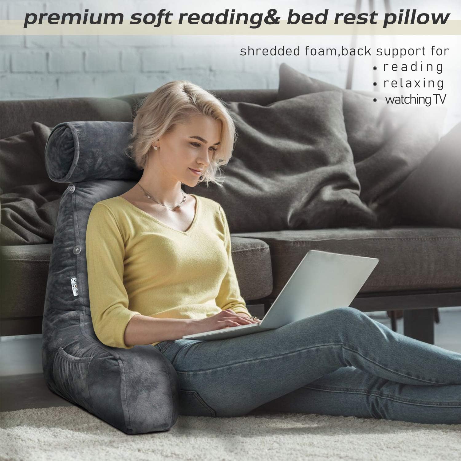 Reading Pillow with Arms Backrest for Bed with Side Pocket