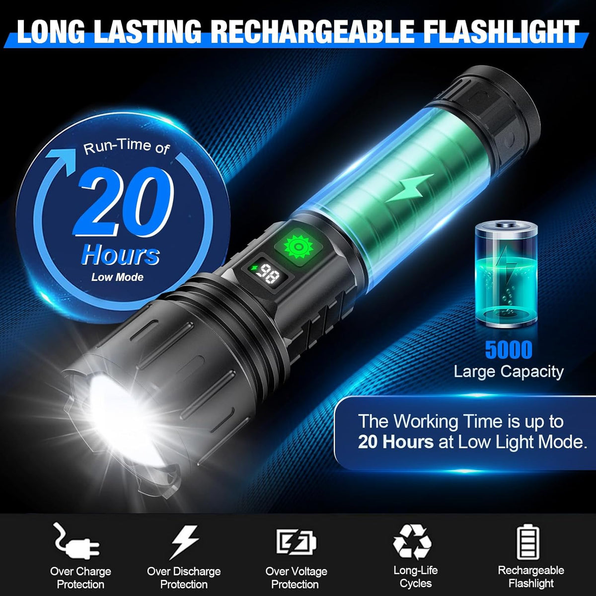 Rechargeable Tactical Flashlight Zoomable LED with Power Bank
