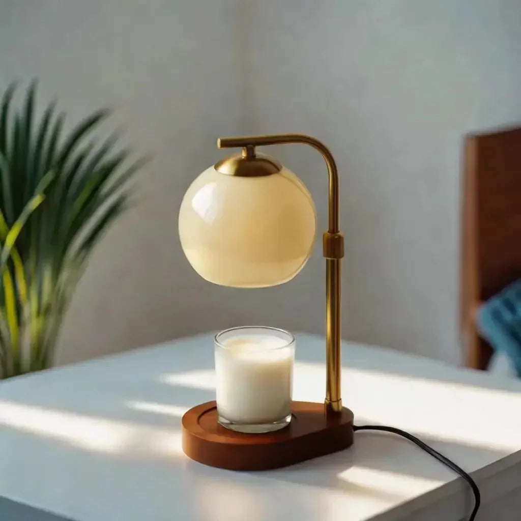 Candle Warmer Lamp with Globe Glass Shade and Wood Base