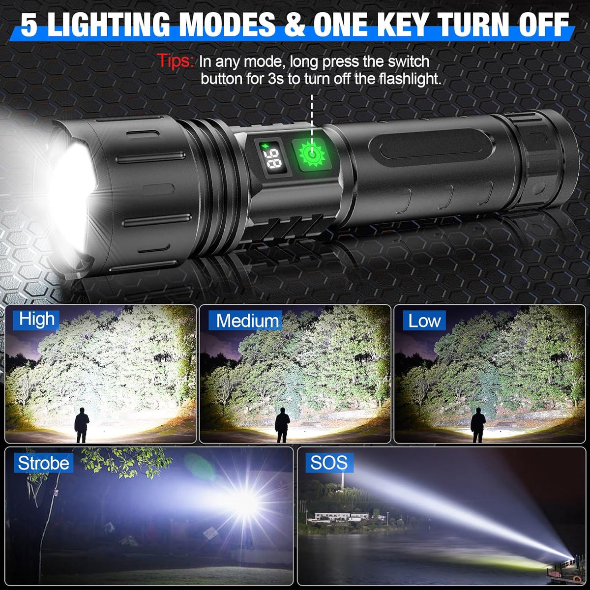 Rechargeable Tactical Flashlight Zoomable LED with Power Bank
