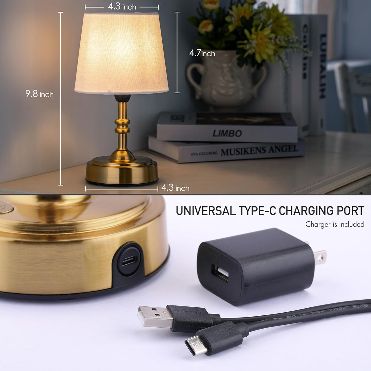 Cordless Table Lamp USB Rechargeable Dimmable for Bedroom and Office Desk