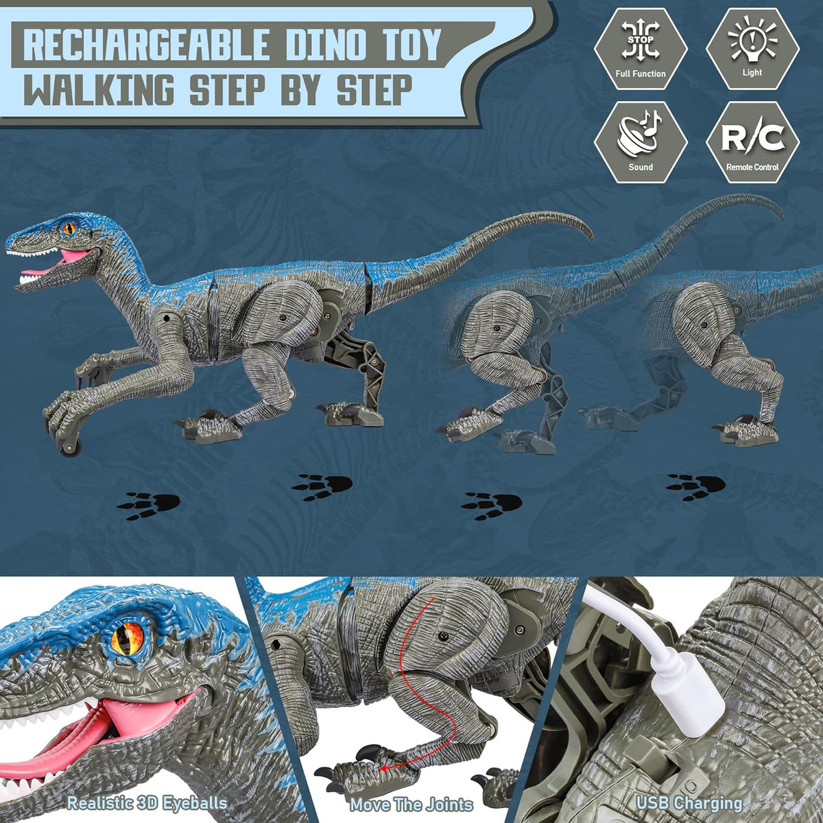 Remote Control Dinosaur Toy Velociraptor with Lights and Sounds