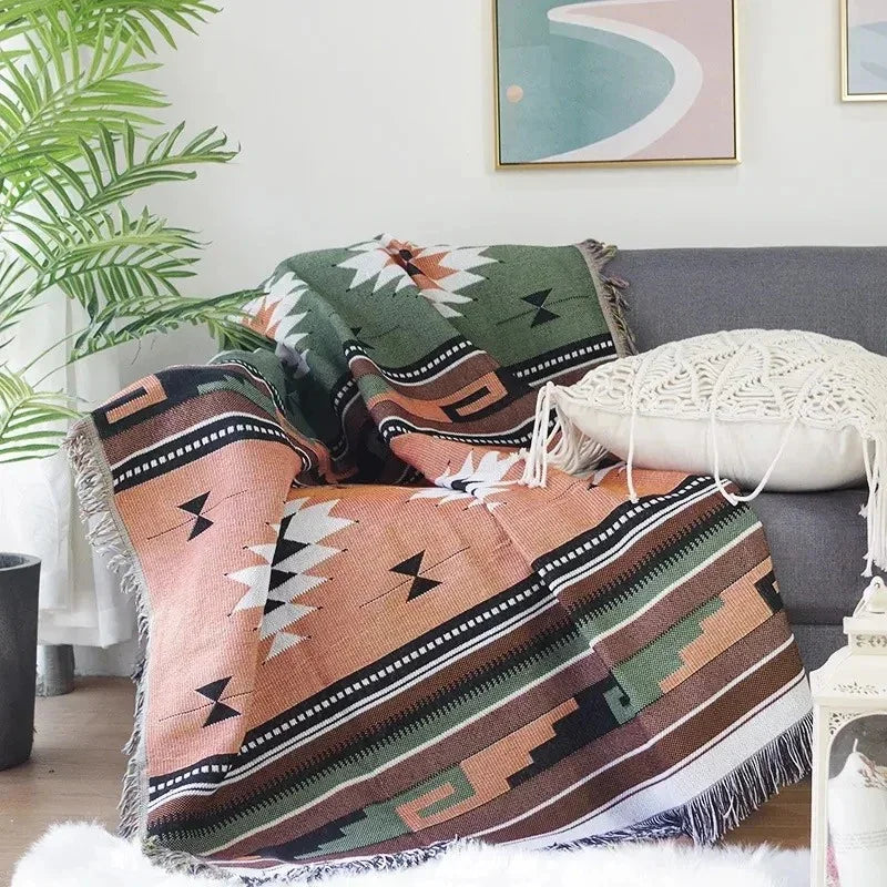 Boho Woven Throw Blanket with Braided Fringe for Couch