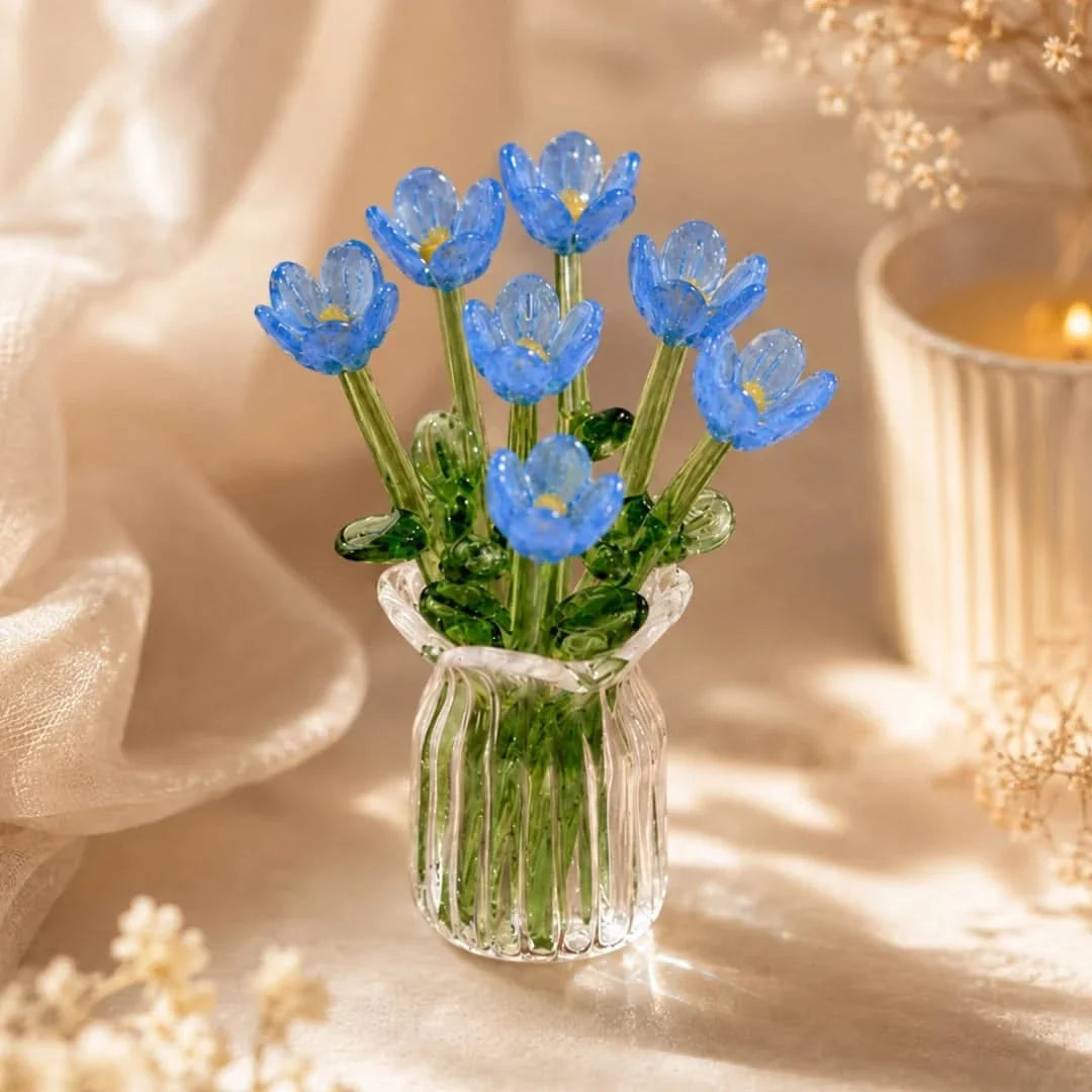Glass Flower Bouquet with Mini Vase Handmade Set of 7