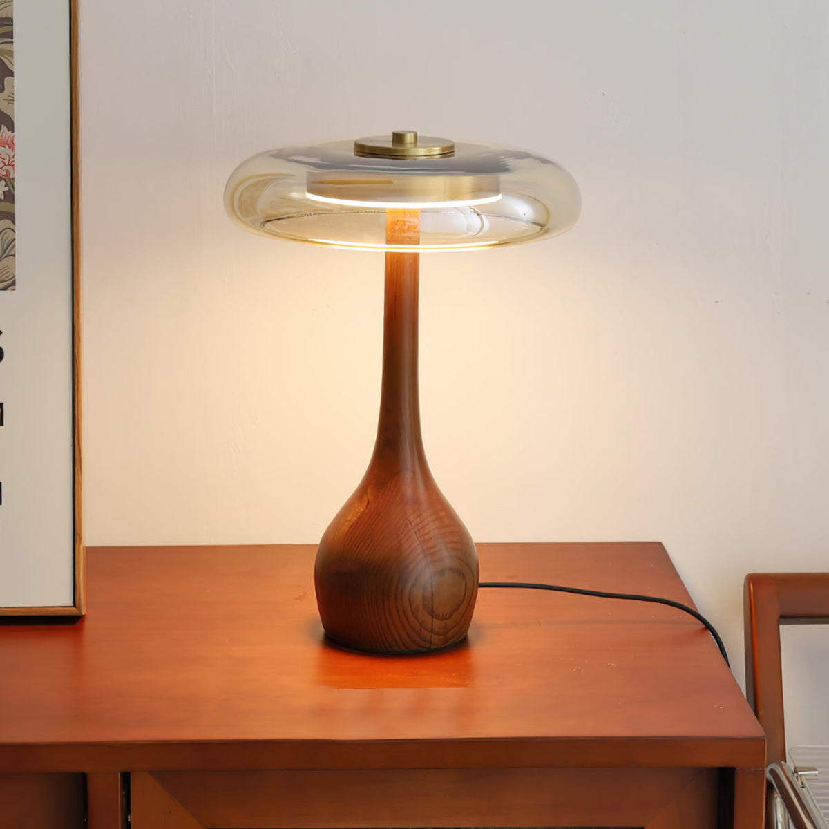 Glass Table Lamp Brass and Wood Base Three Color Temperatures Bedside