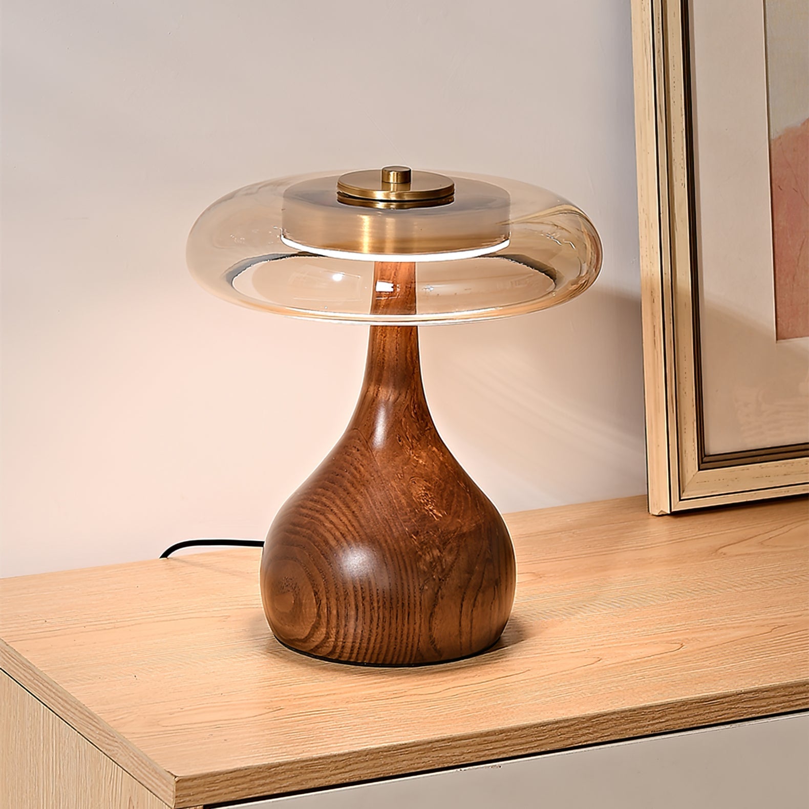 Glass Table Lamp Brass and Wood Base Three Color Temperatures Bedside