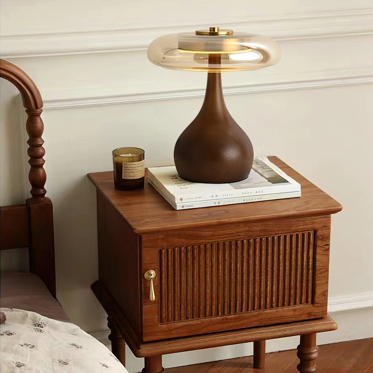 Glass Table Lamp Brass and Wood Base Three Color Temperatures Bedside