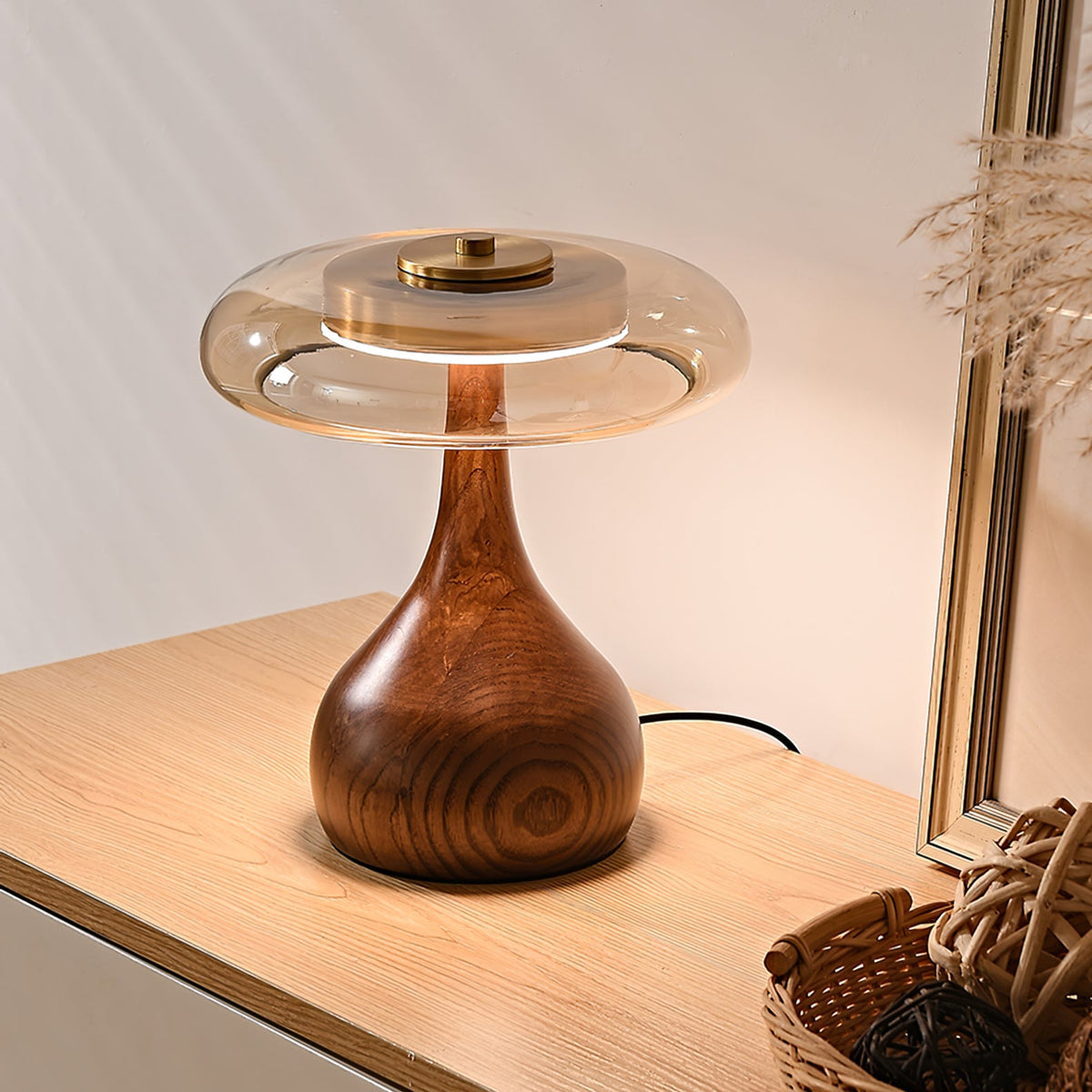 Glass Table Lamp Brass and Wood Base Three Color Temperatures Bedside