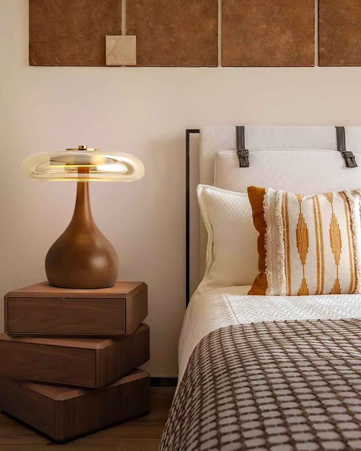 Glass Table Lamp Brass and Wood Base Three Color Temperatures Bedside