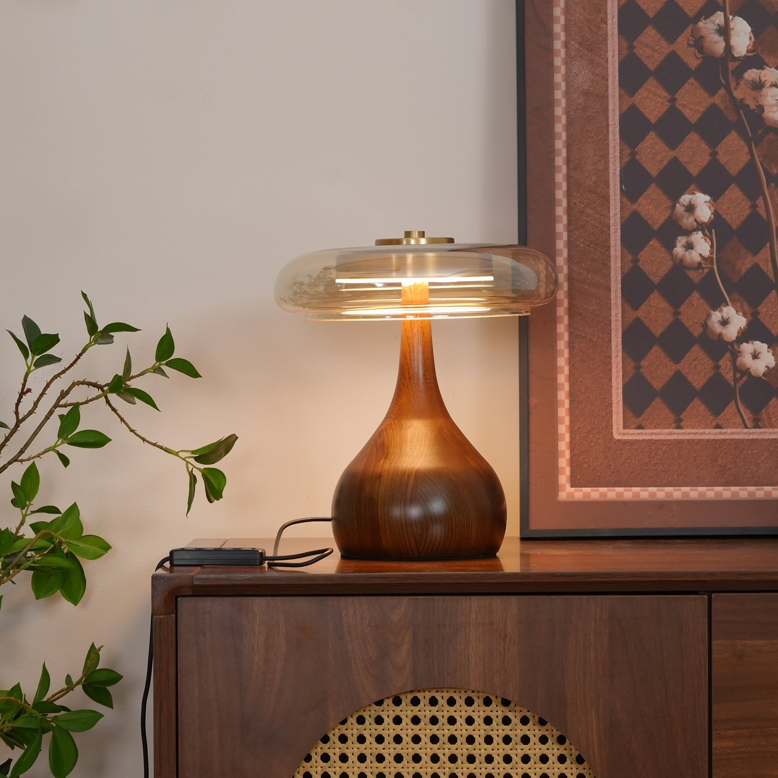 Glass Table Lamp Brass and Wood Base Three Color Temperatures Bedside