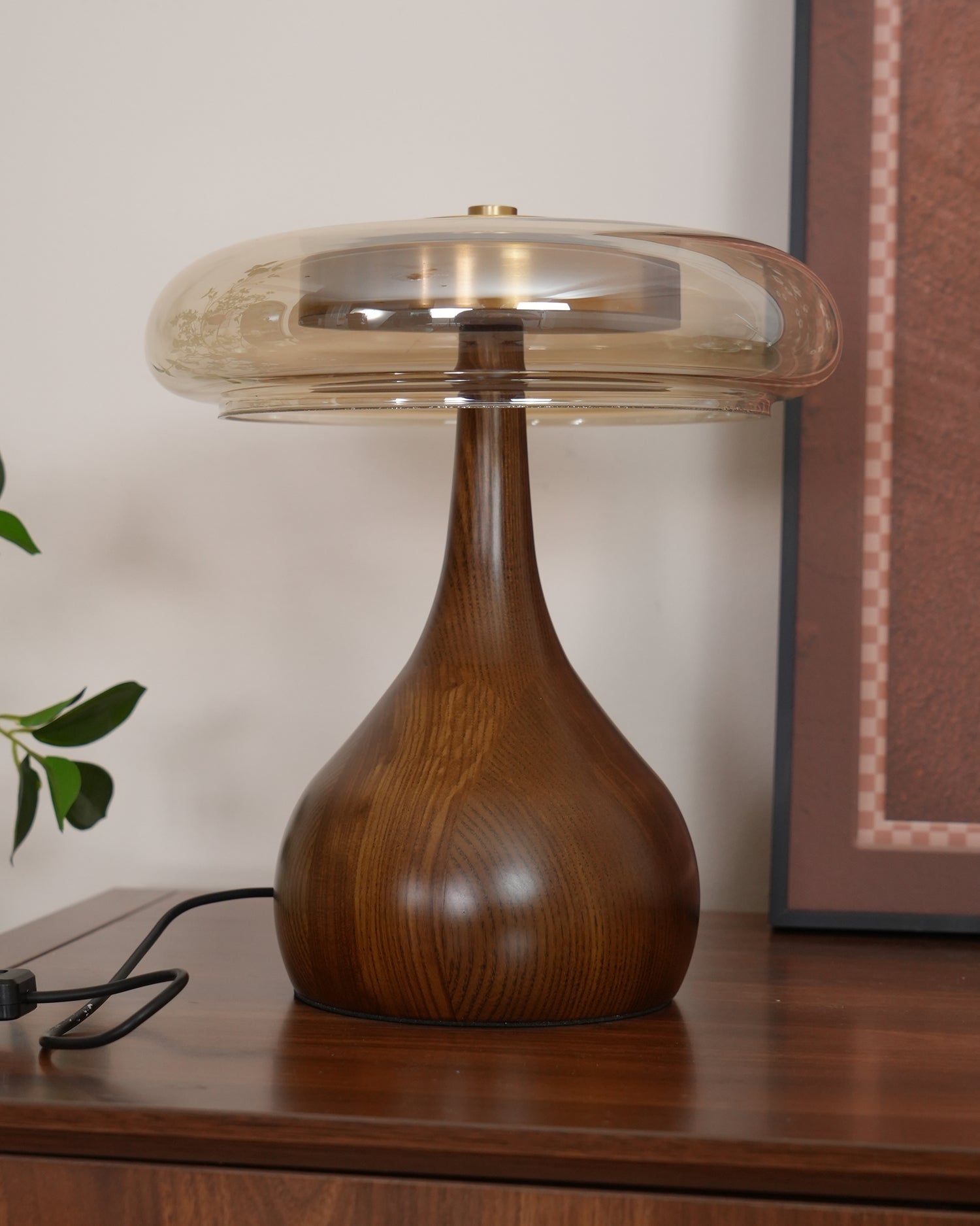 Glass Table Lamp Brass and Wood Base Three Color Temperatures Bedside