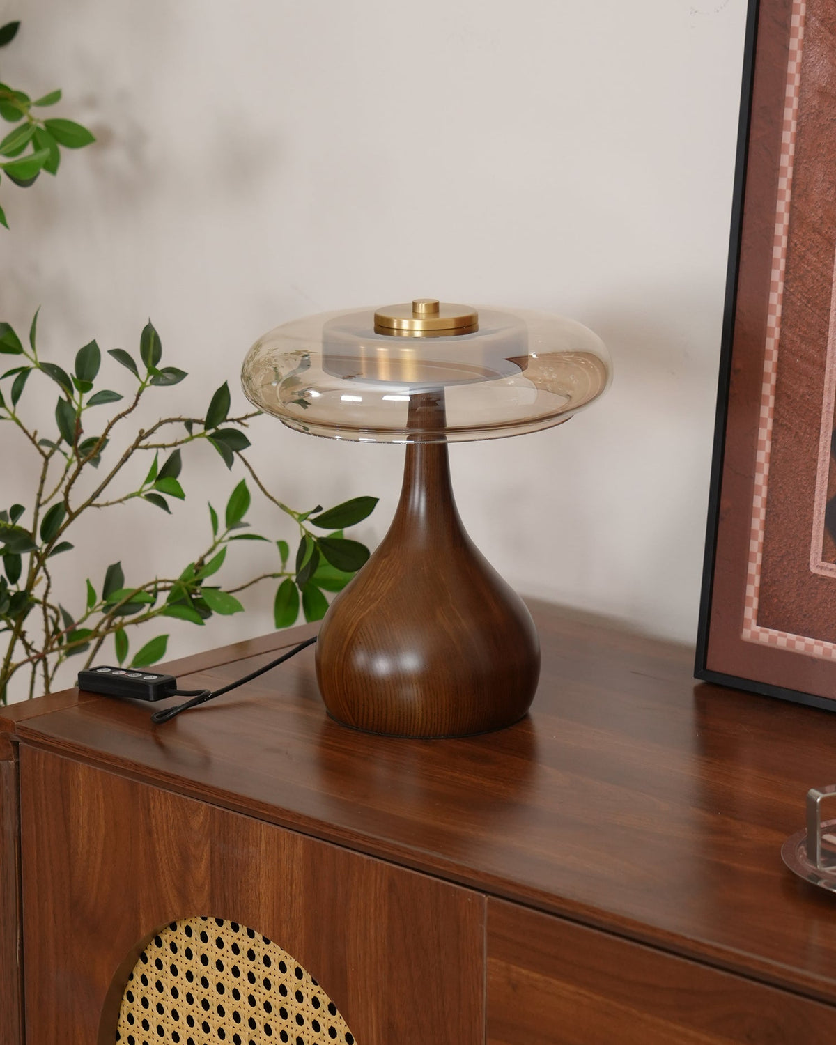 Glass Table Lamp Brass and Wood Base Three Color Temperatures Bedside