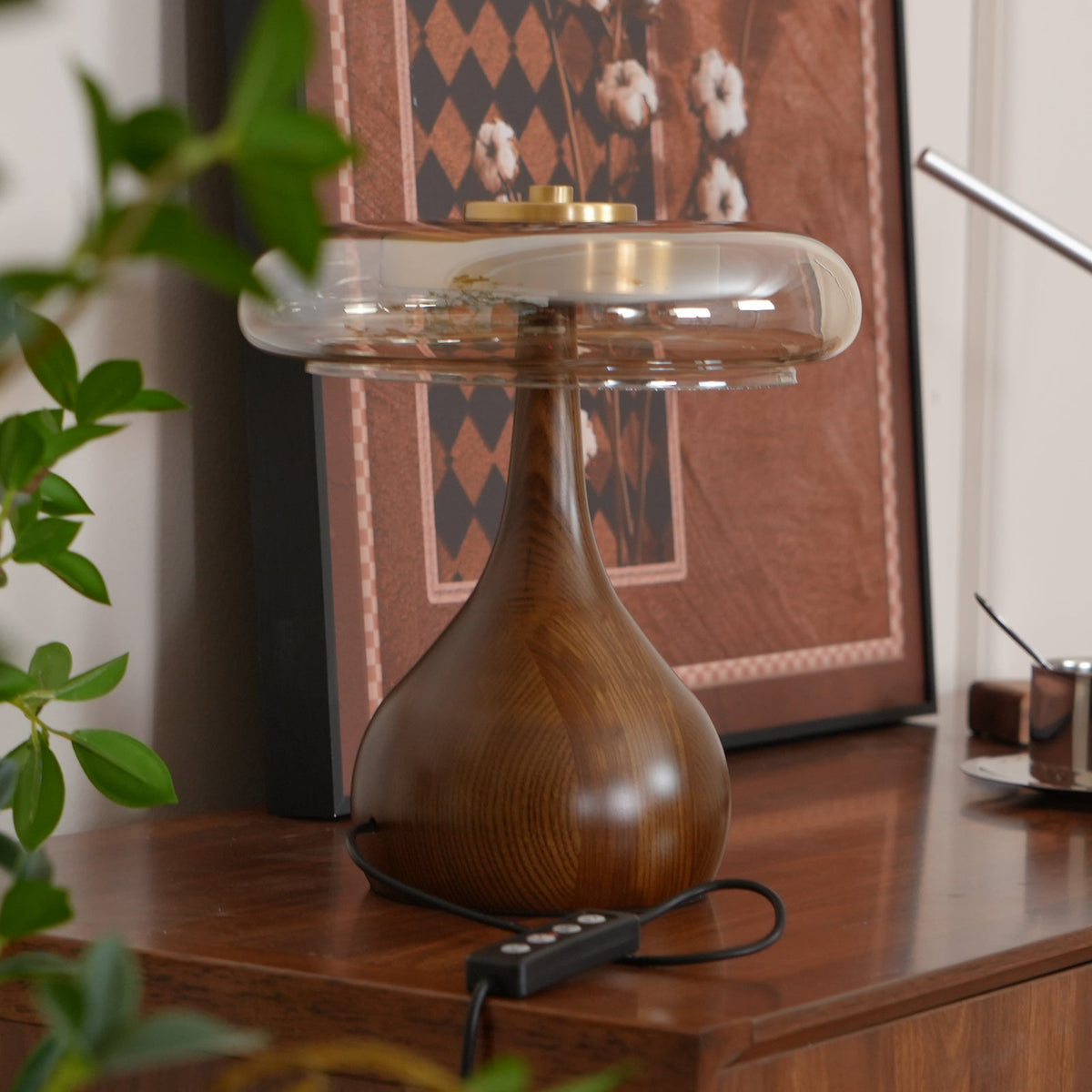Glass Table Lamp Brass and Wood Base Three Color Temperatures Bedside