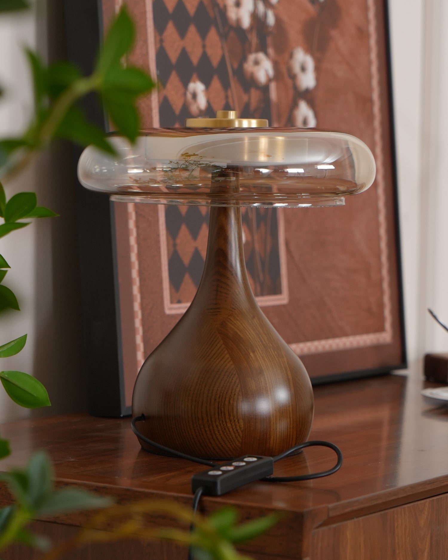Glass Table Lamp Brass and Wood Base Three Color Temperatures Bedside