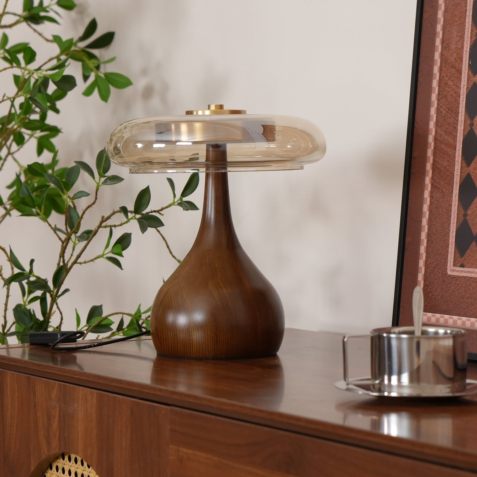 Glass Table Lamp Brass and Wood Base Three Color Temperatures Bedside