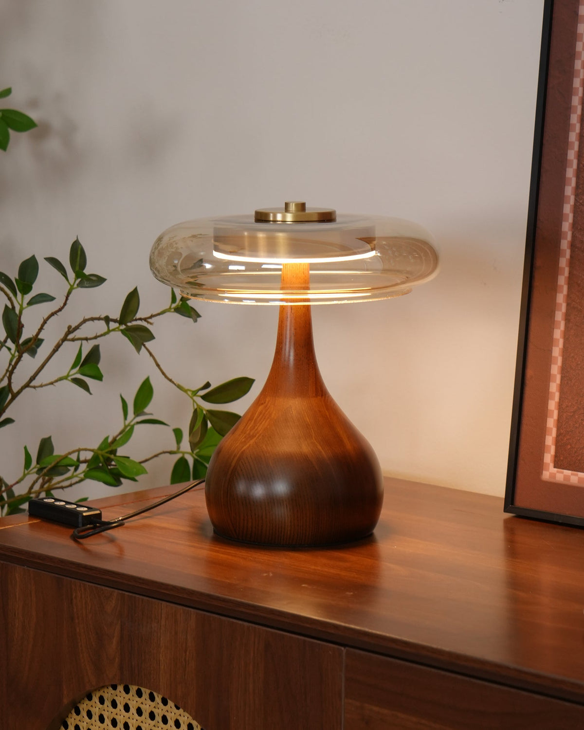 Glass Table Lamp Brass and Wood Base Three Color Temperatures Bedside