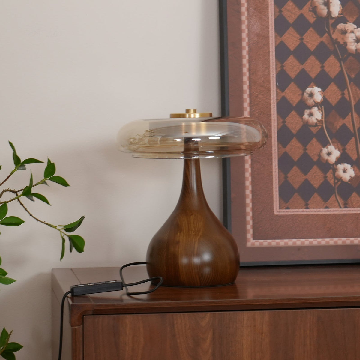 Glass Table Lamp Brass and Wood Base Three Color Temperatures Bedside