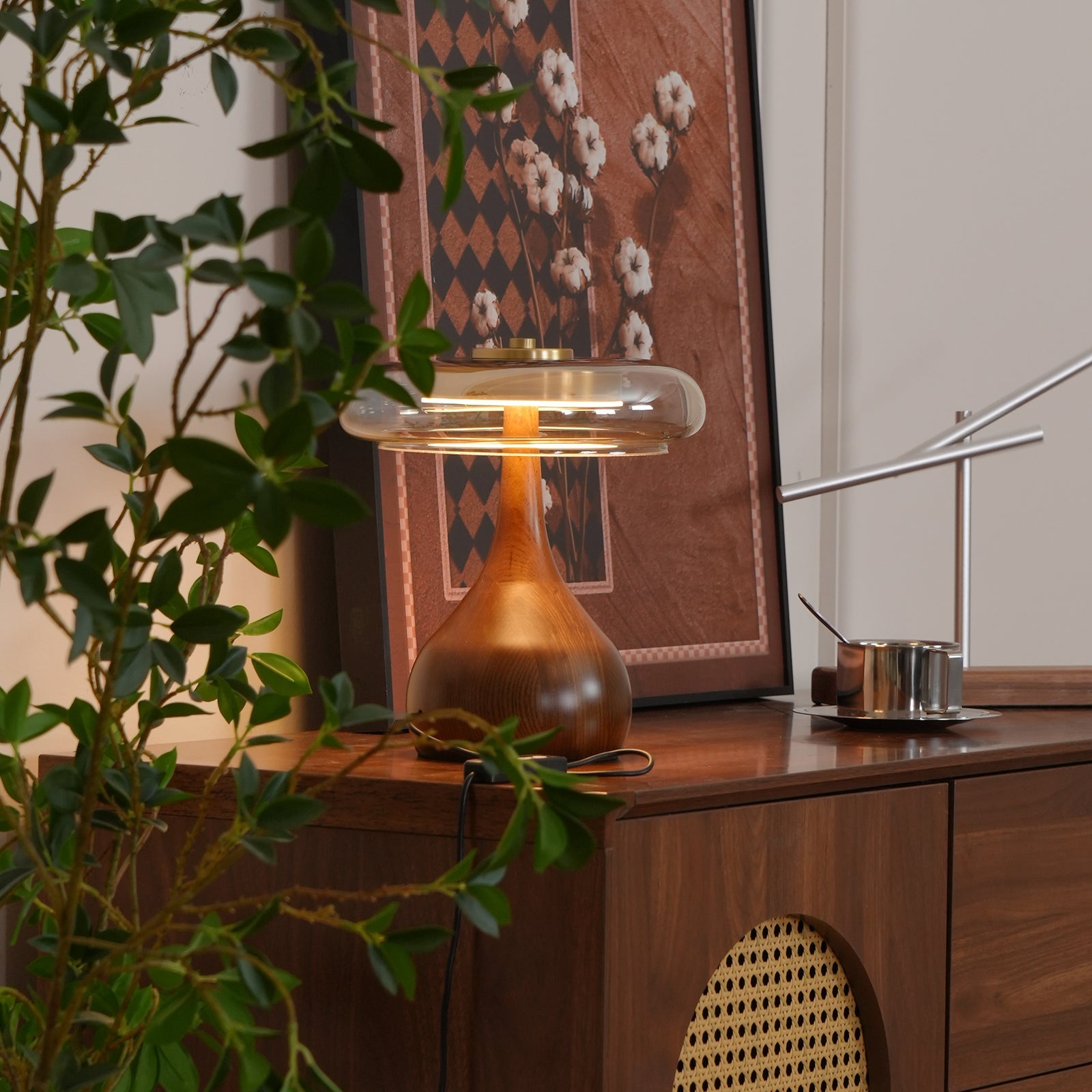 Glass Table Lamp Brass and Wood Base Three Color Temperatures Bedside