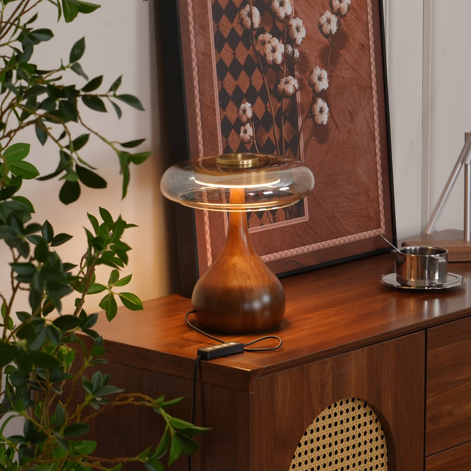 Glass Table Lamp Brass and Wood Base Three Color Temperatures Bedside