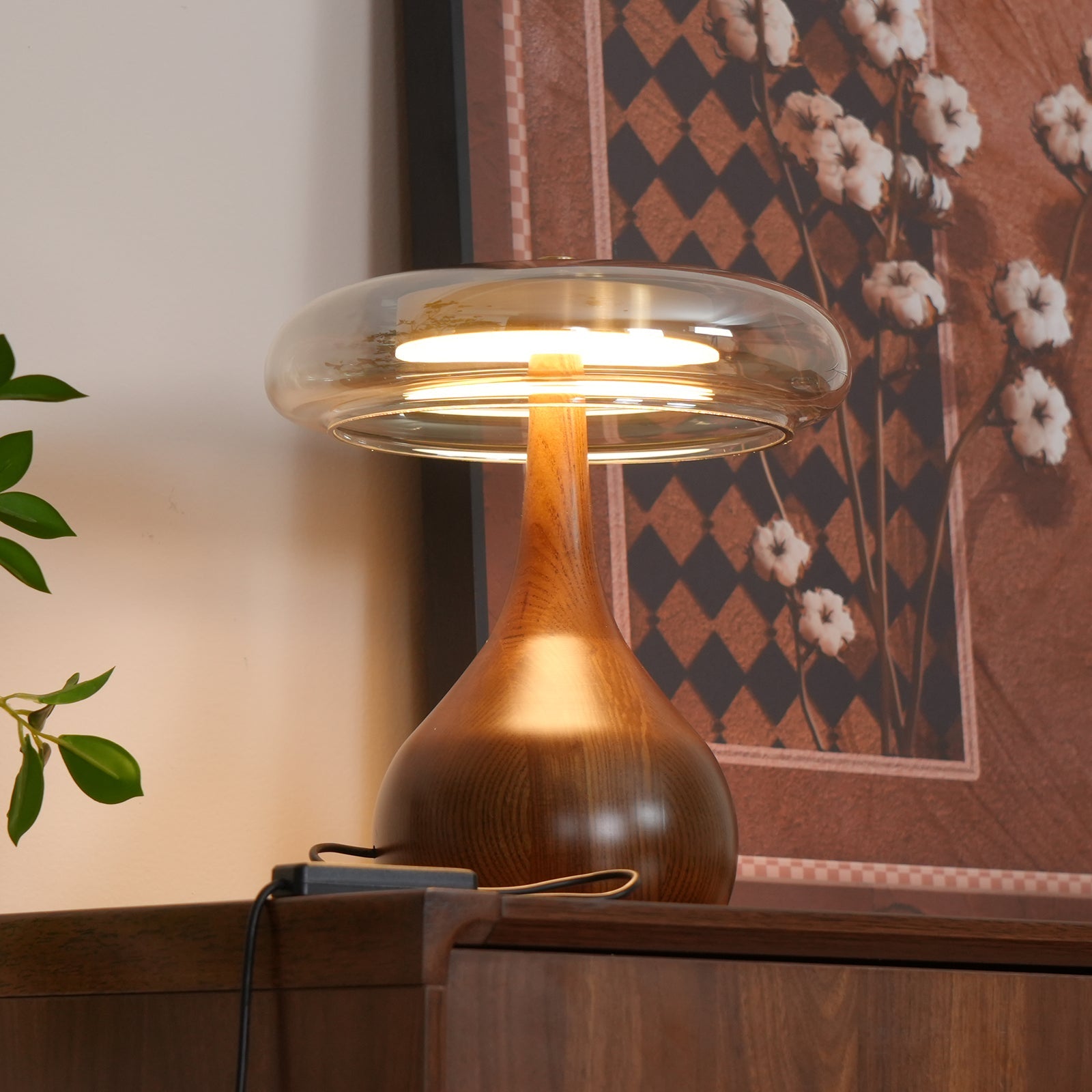 Glass Table Lamp Brass and Wood Base Three Color Temperatures Bedside