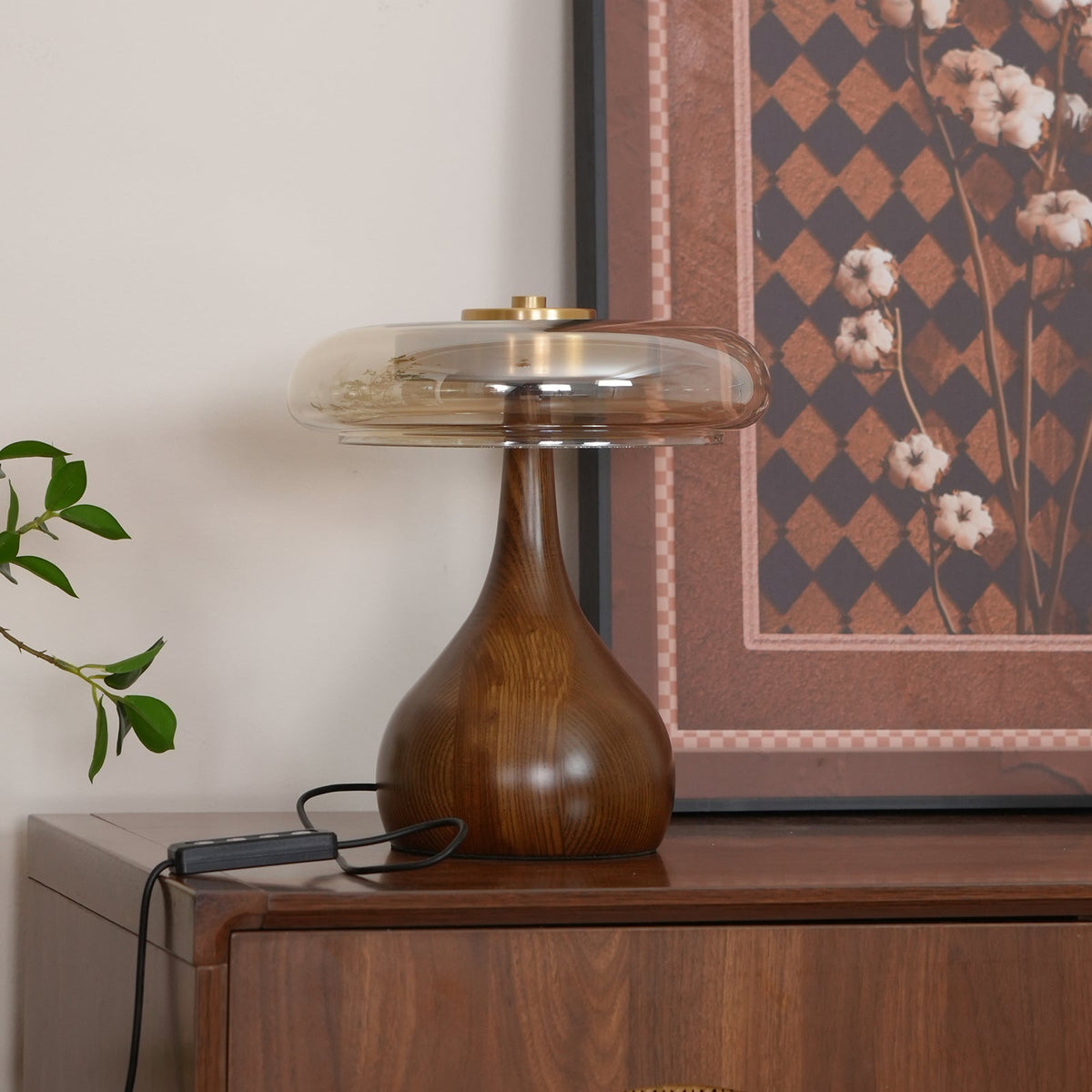 Glass Table Lamp Brass and Wood Base Three Color Temperatures Bedside