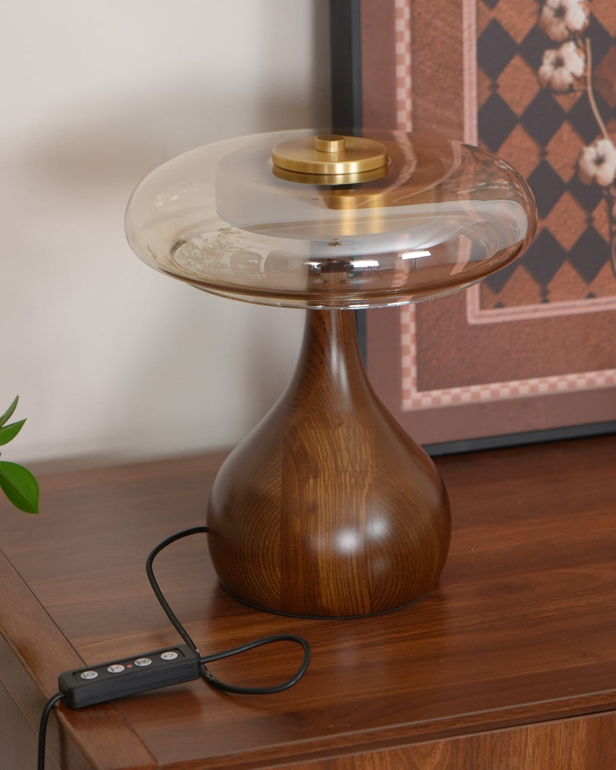 Glass Table Lamp Brass and Wood Base Three Color Temperatures Bedside